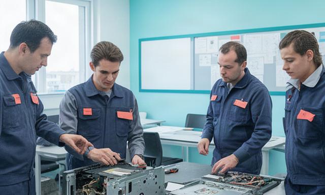 ATM部品を使った技術研修に参加するエンジニア、整然とした研修室